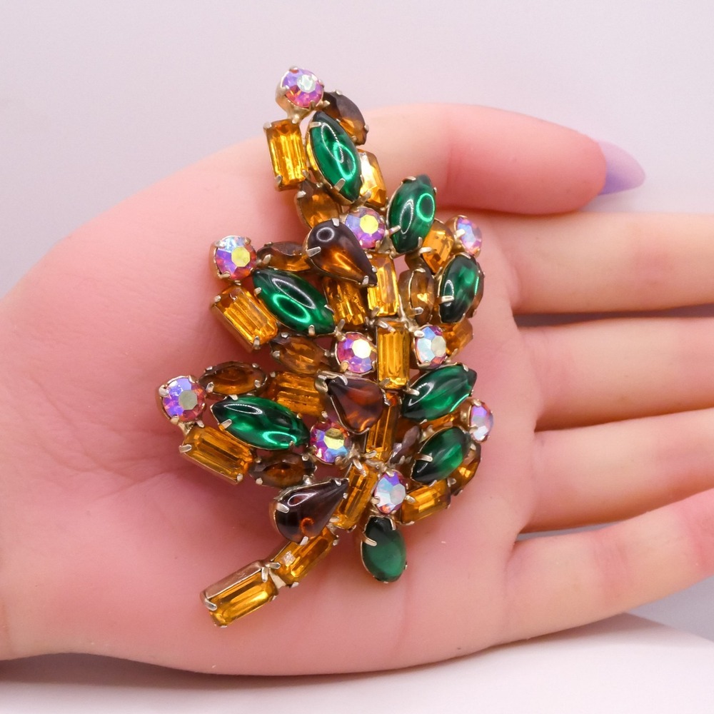 Vintage Rhinestone Leaf Extra Large 3.3" Gold & Green Statement Brooch Pin